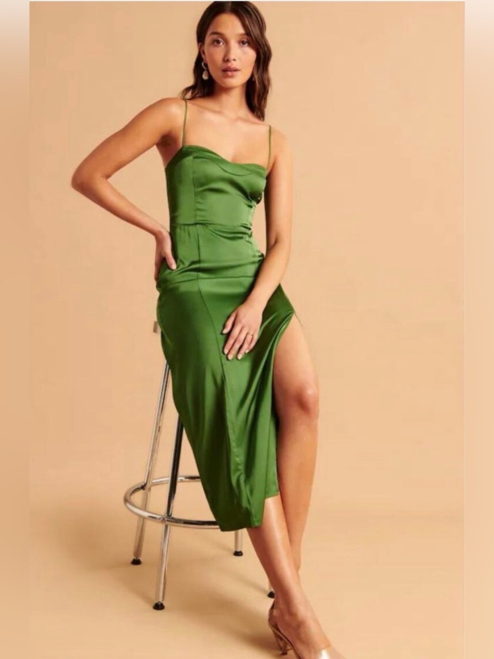 Abercrombie & Fitch NWT Green Satin Midi Dress with Slit Size Large Tall